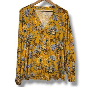 Soft Surroundings Top Womens 2X Yellow Floral Peasant Botanical Art 100% Cotton